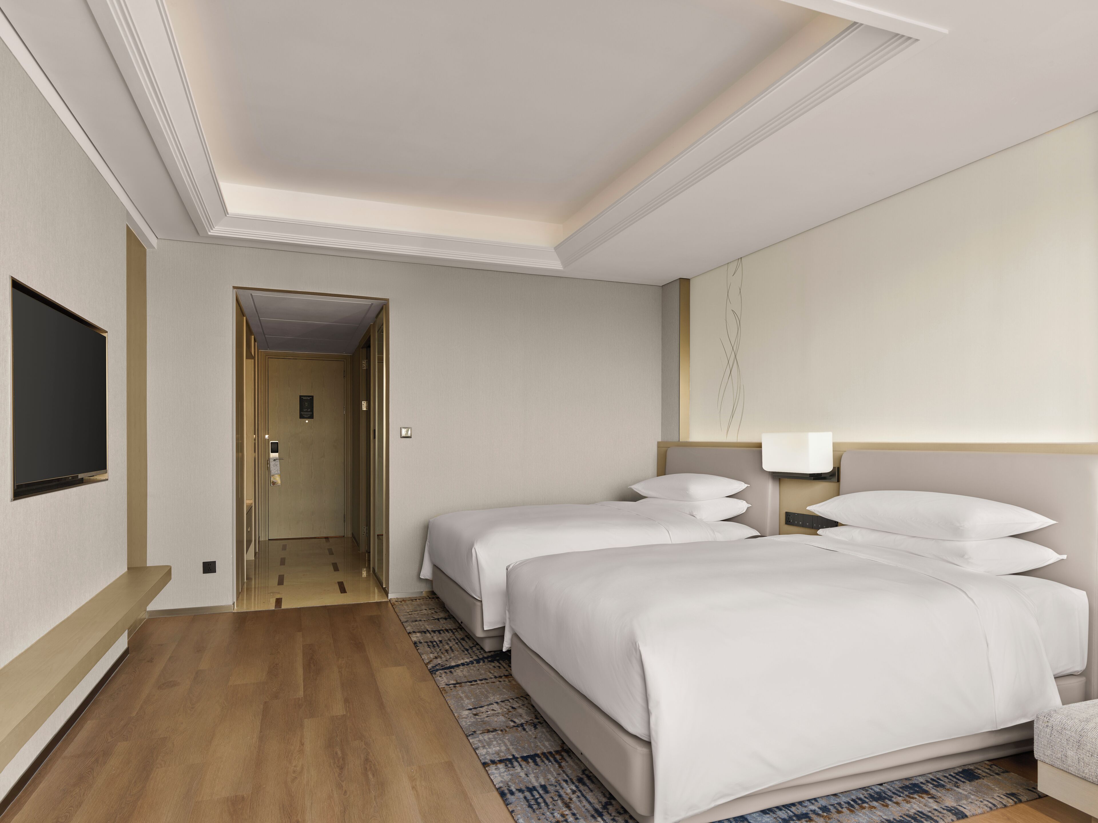 A hotel room with two beds, a television, a desk with a lamp, and a patterned rug.