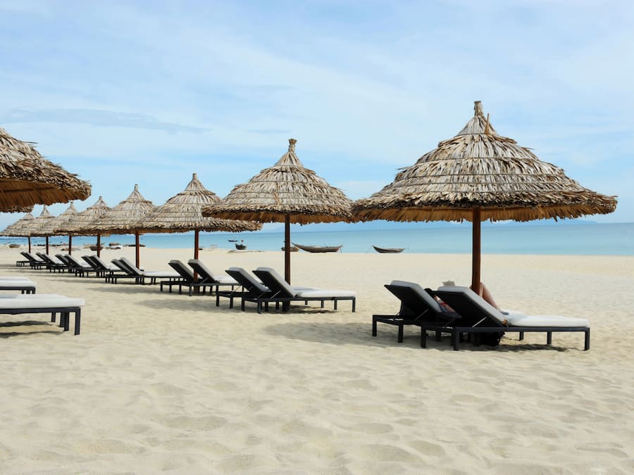 Private beach, white sand, sun loungers, beach umbrellas