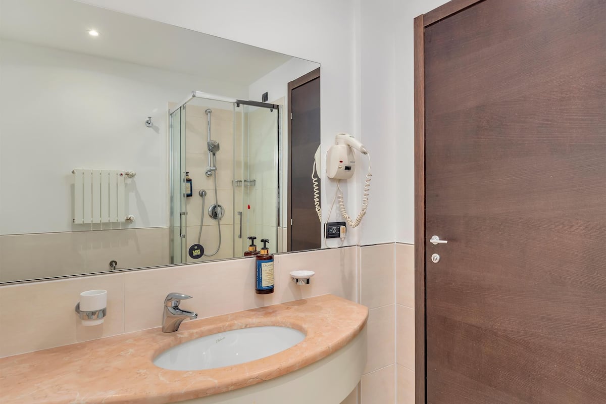 hair dryer, bidet, towels, soap