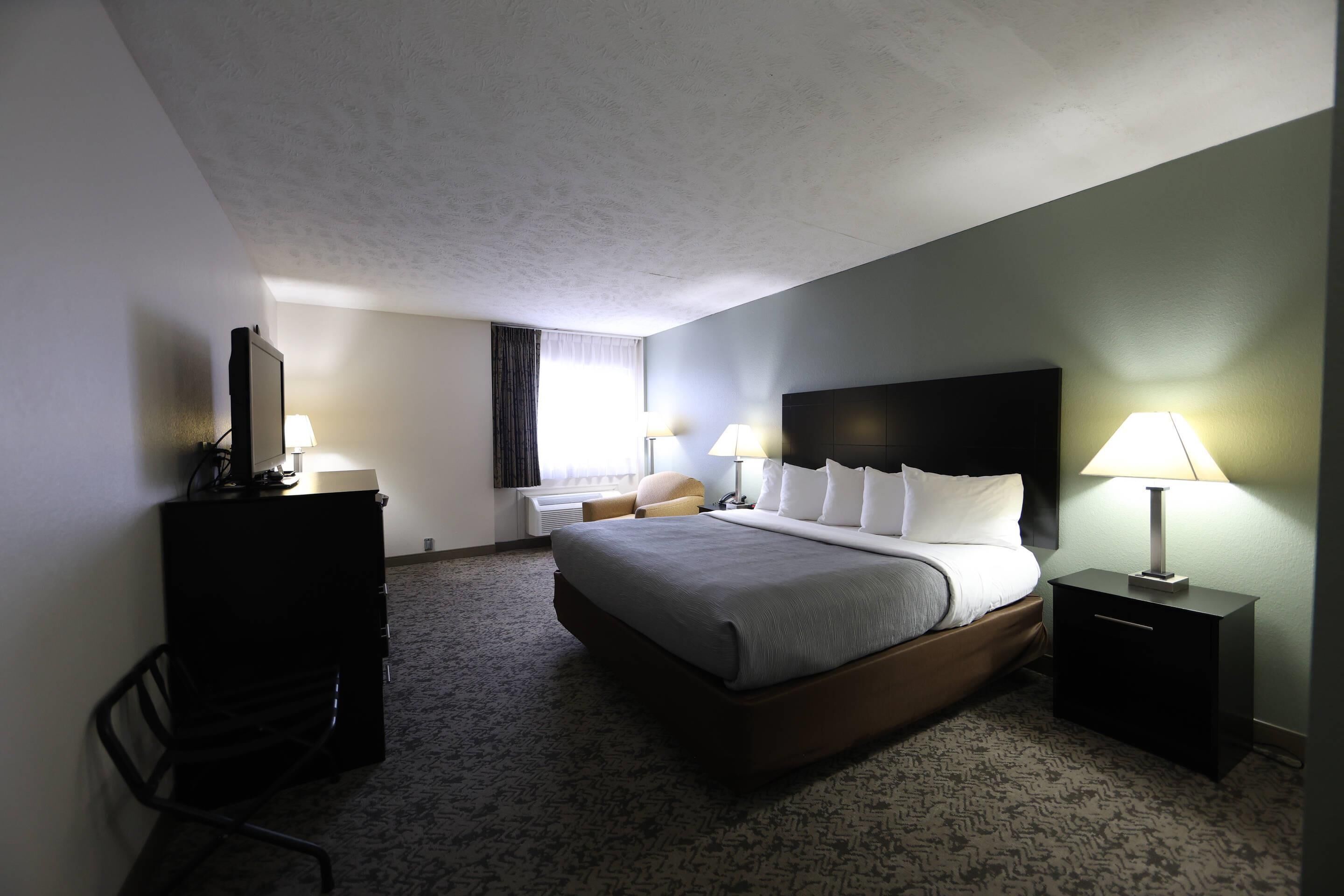 Camera d'albergo con un letto grande, comodini con lampade, una scrivania con sedia e una televisione.