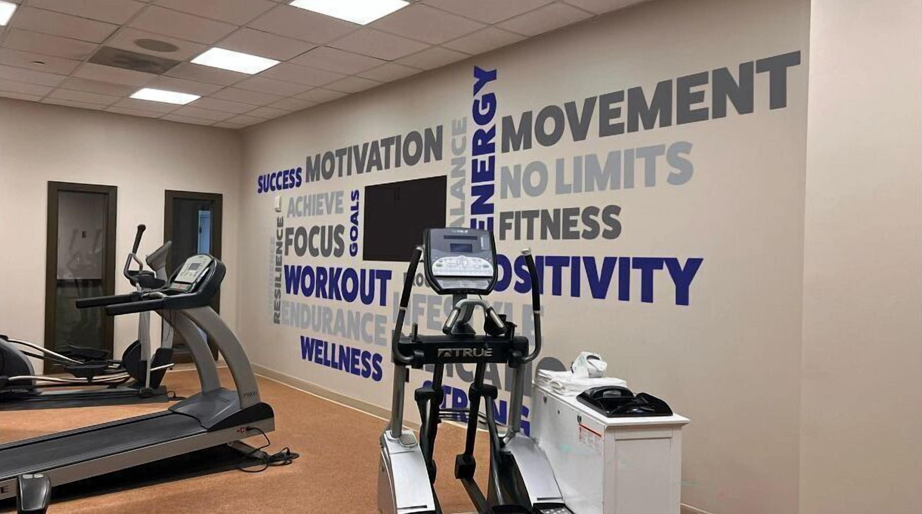 A fitness room with treadmills, an elliptical, and a stationary bike.