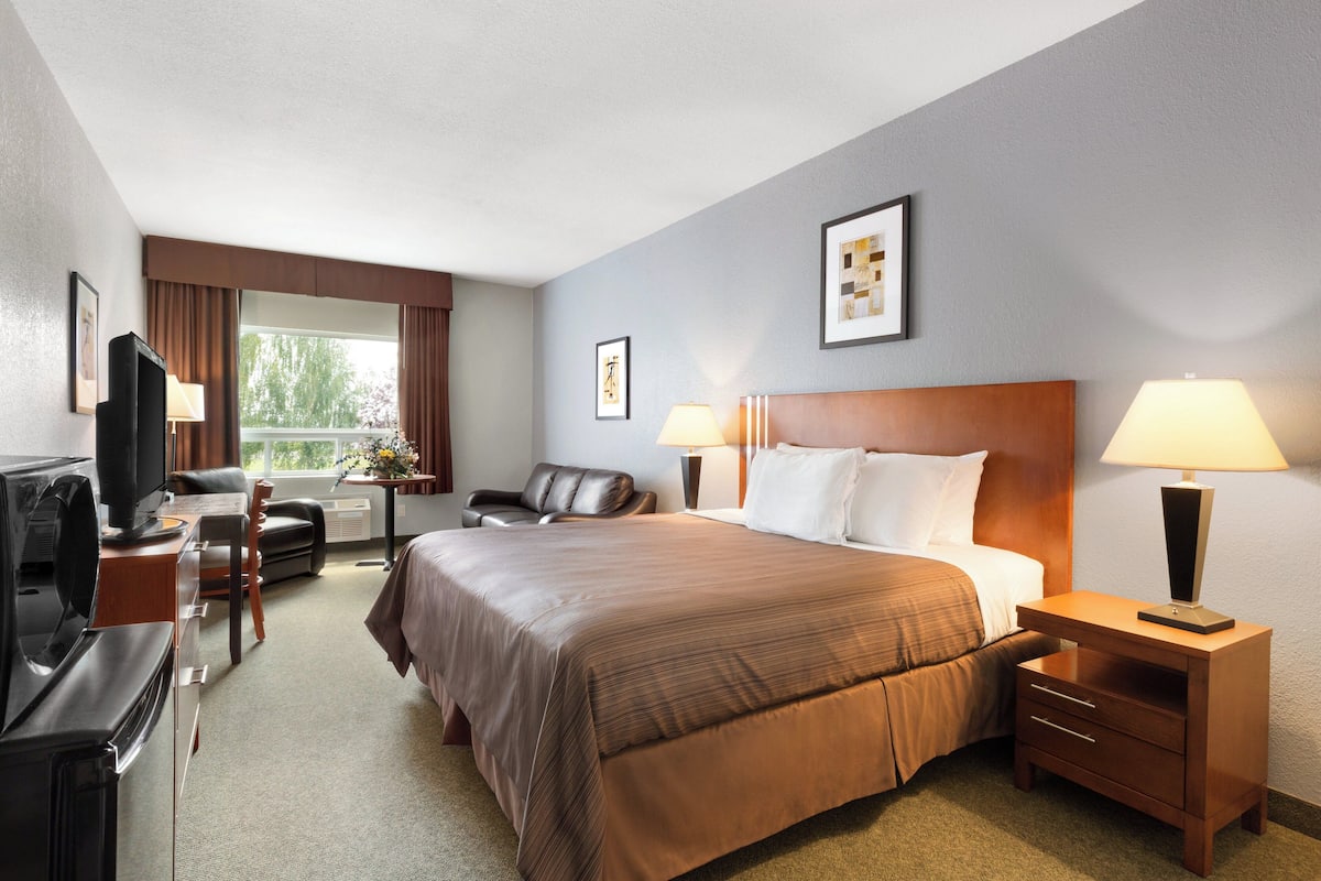 A hotel room with a large bed, a desk with a chair, a television, and a window with curtains.