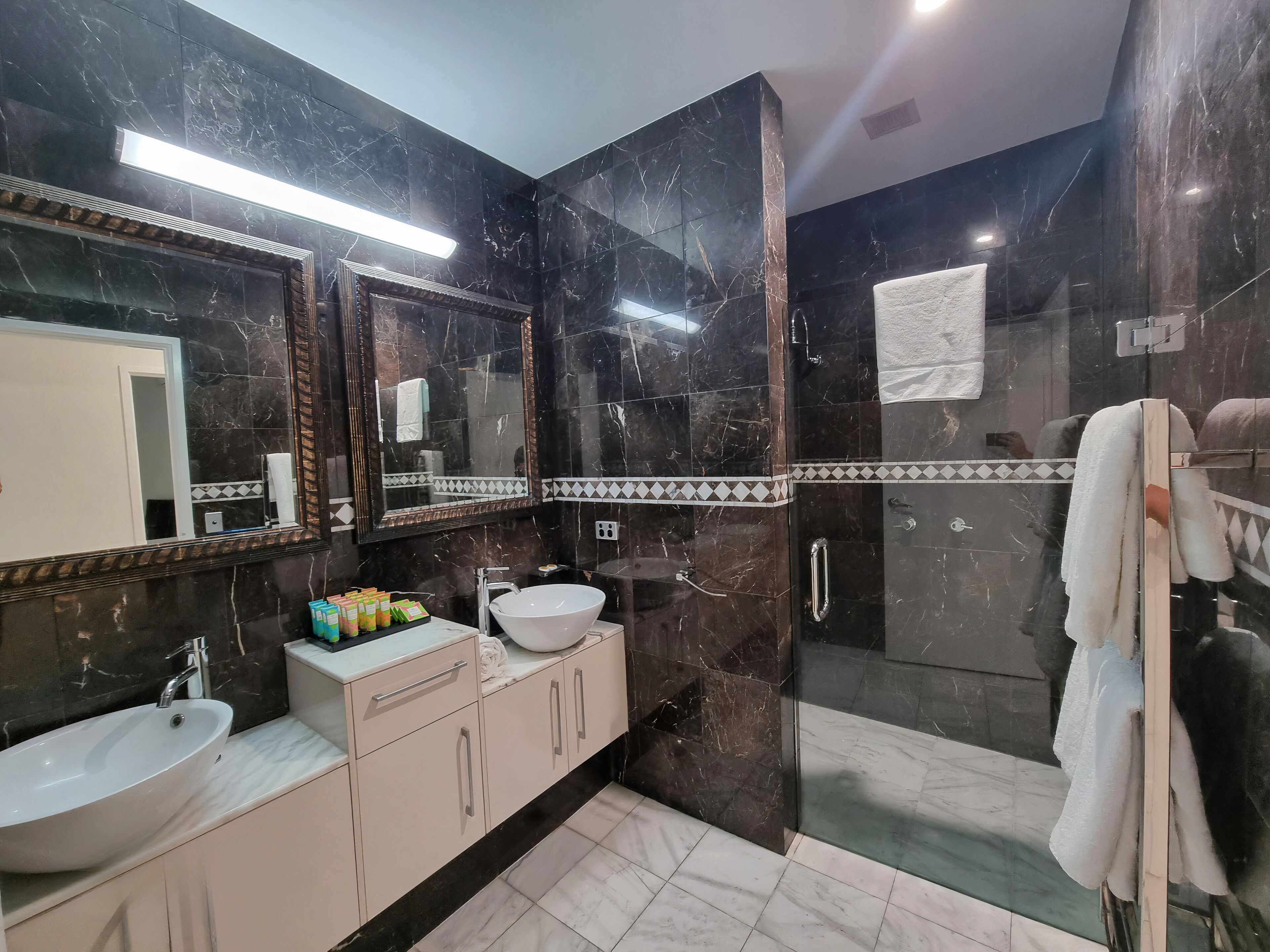 shower, free toiletries, hair dryer, towels