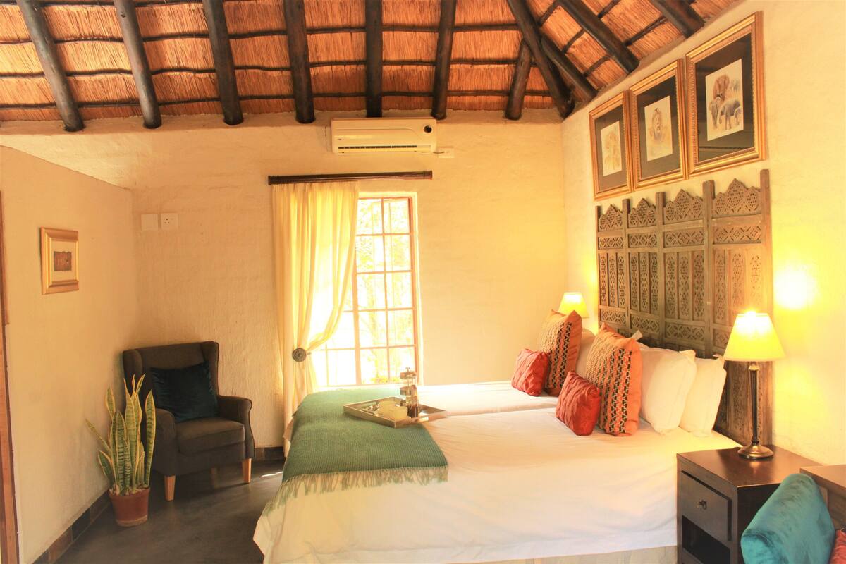 Habitación de hotel con cama, una silla, planta en maceta, ventana con cortinas y una pared con cuadros.