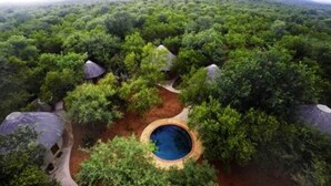 An aerial view of a resort with multiple treehouses surrounded by dense forest, a central circular pool, and a winding path connecting the structures. - Shikwari Nature Reserve (Hoedspruit)