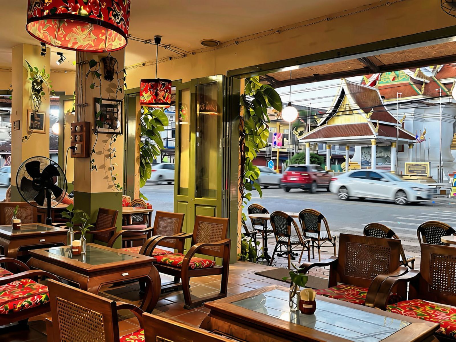 Un comedor interior con mesas y sillas, vista a la calle y un edificio tradicional al fondo.