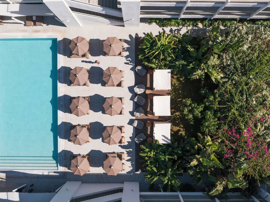 An aerial view of a hotel pool area with multiple sun loungers and umbrellas, surrounded by lush greenery and flowering plants.