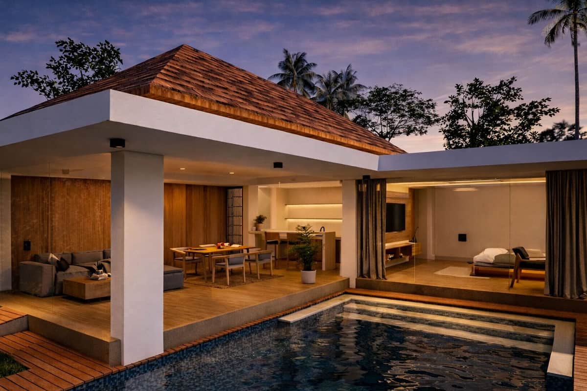 A modern house with a pool, a dining area, and a bedroom.
