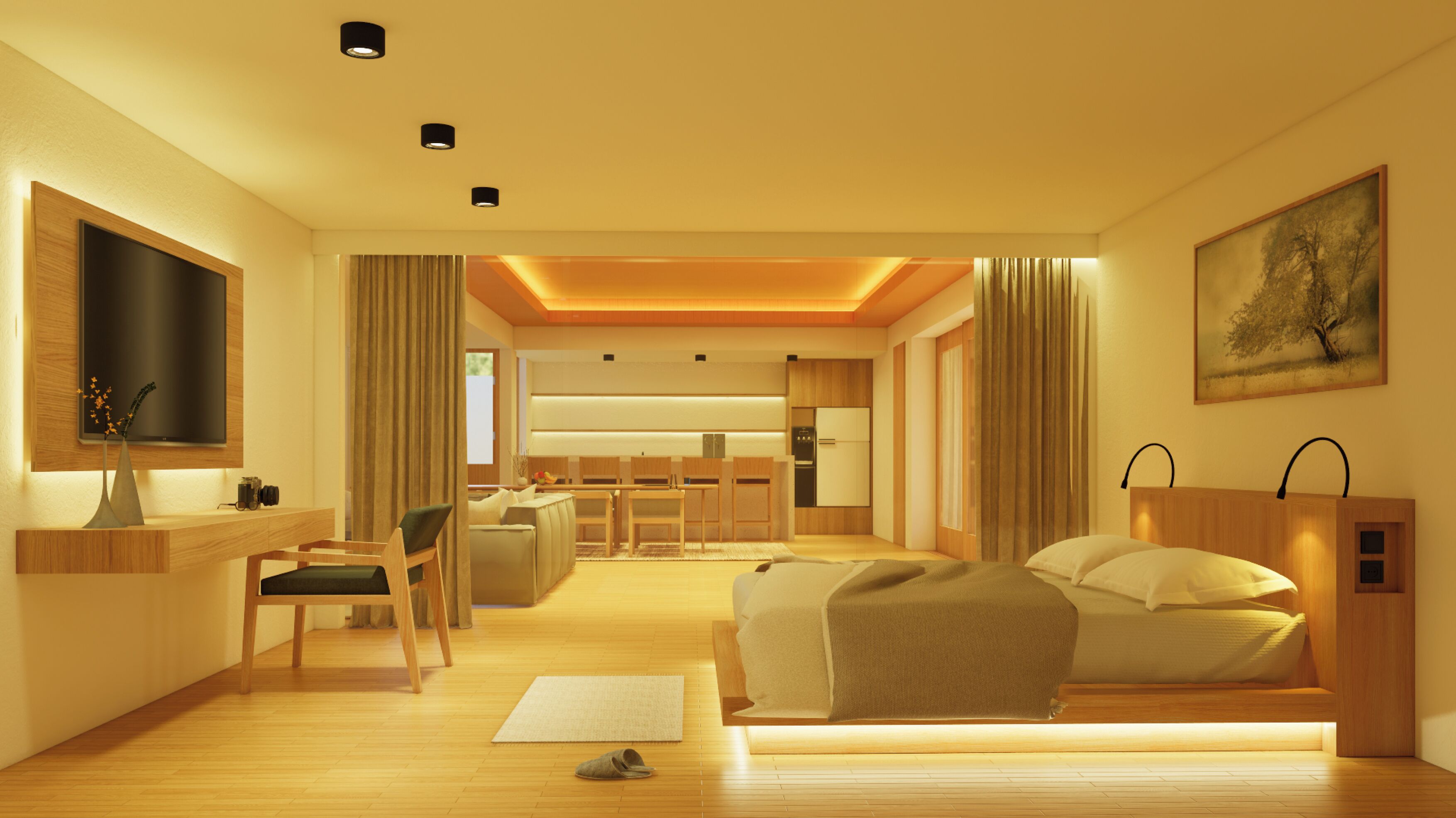Une chambre d’hôtel moderne équipée d’un lit, d’un bureau, d’une chaise, d’une télévision et offrant une vue sur la cuisine.
