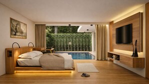 Une chambre moderne avec un lit, une télévision, une piscine et une vue sur la verdure.