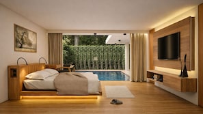 A modern bedroom with a bed, a TV, a pool, and a view of greenery. - One Eleven Haven (Seminyak)