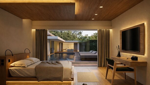 Une chambre moderne équipée d’un lit, d’un bureau, d’une chaise, d’une télévision et offrant une vue sur une piscine et un espace extérieur.