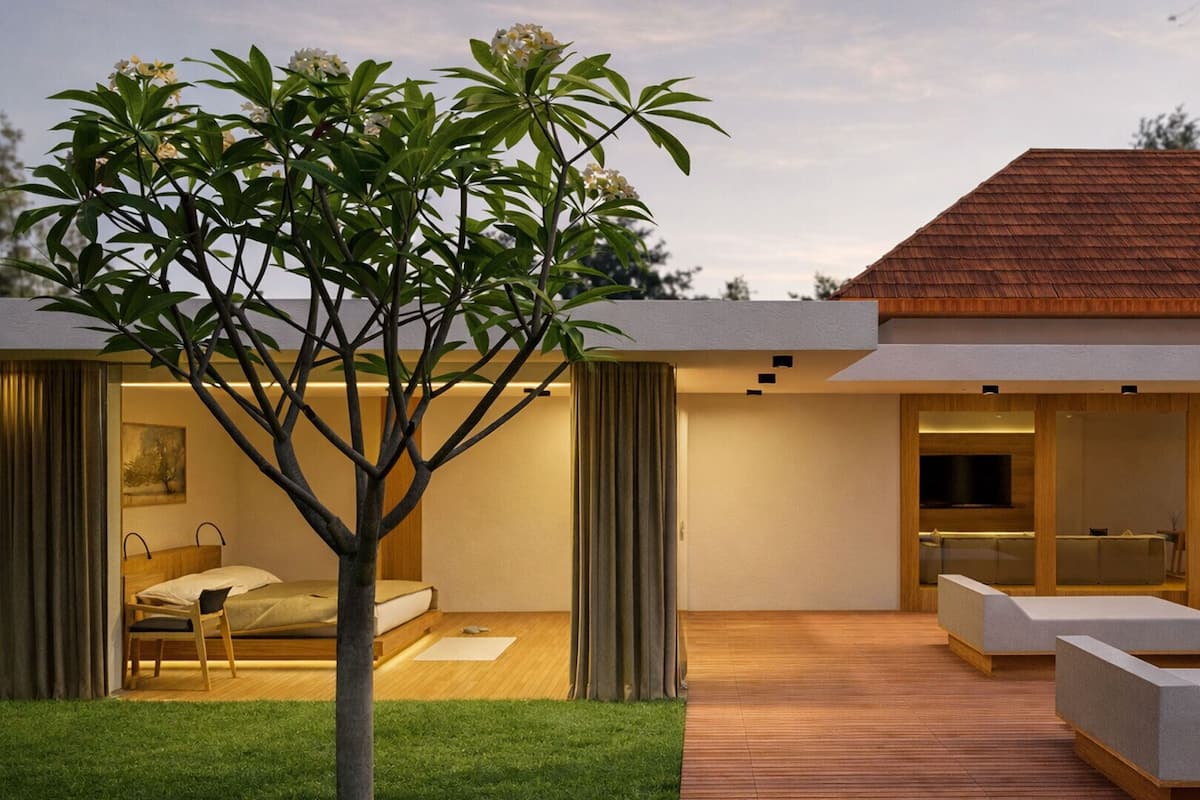 A modern house with a wooden deck, a dining area, and a bedroom with a view.