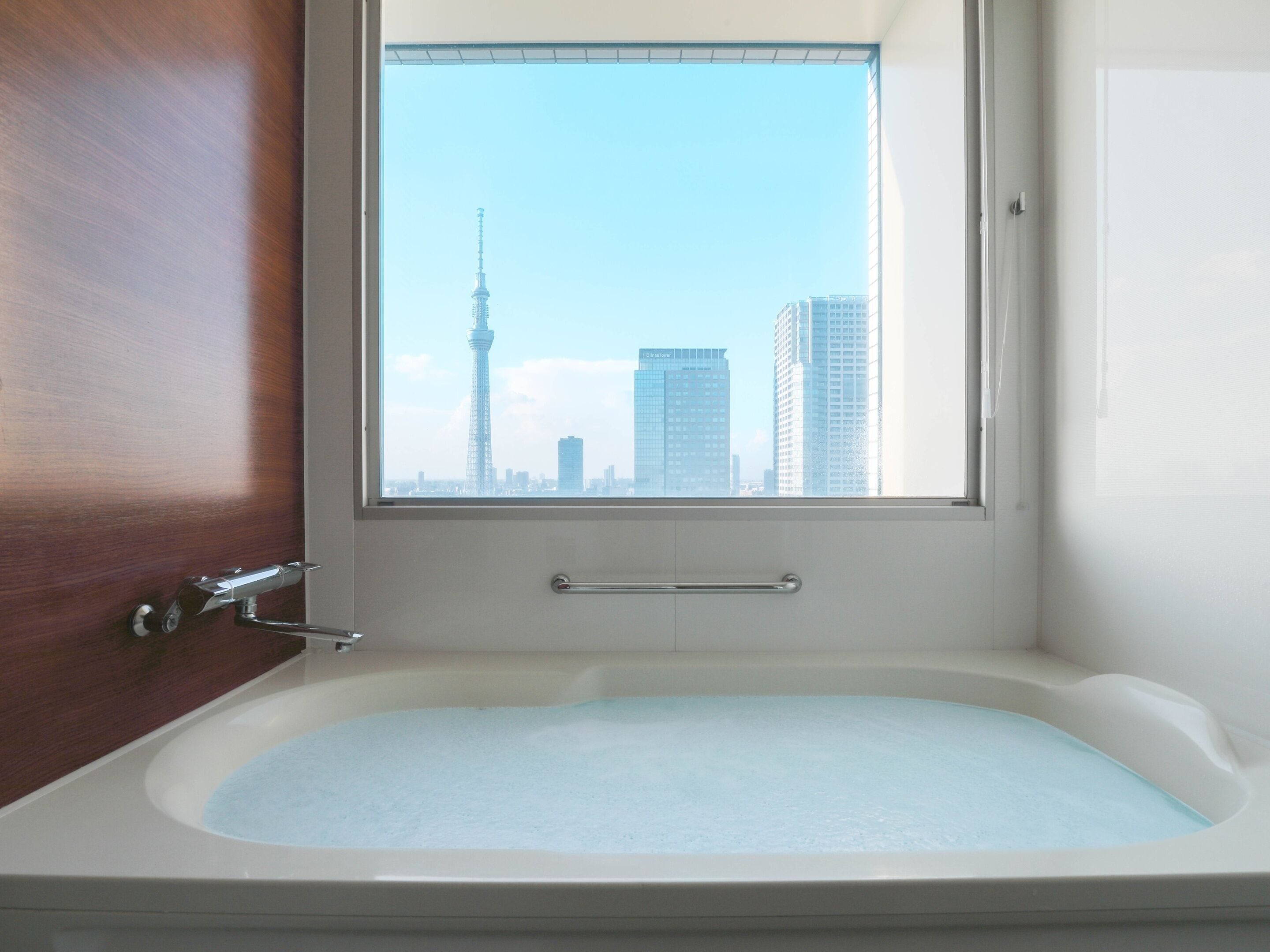 Une salle de bain avec une baignoire, une fenêtre et une vue sur le paysage urbain, notamment sur une tour.