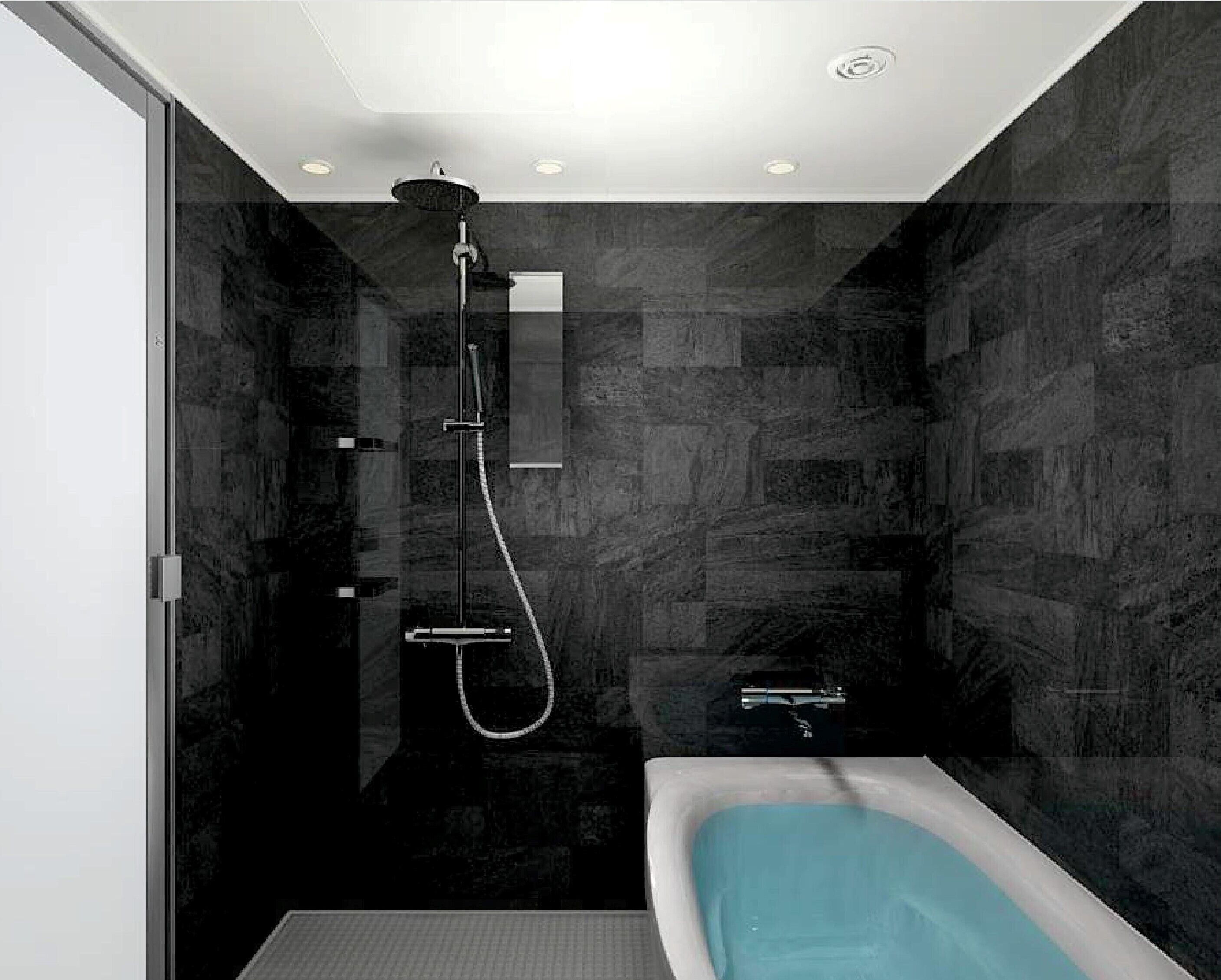 Een moderne badkamer met een glazen douchecabine, een bad en wanden met een donkere, structuur.