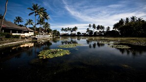 A calm river with a boat docked on the left, surrounded by palm trees and a building with a red roof. - D Tunjung Resort & Spa (Karangasem)