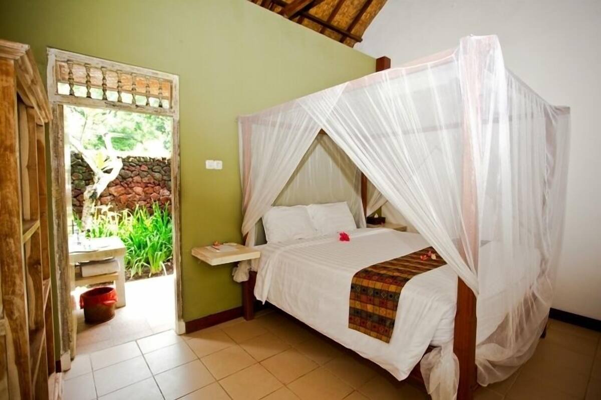 A room with a bed under a white canopy, a small table beside the bed, and a view of greenery through a window.
