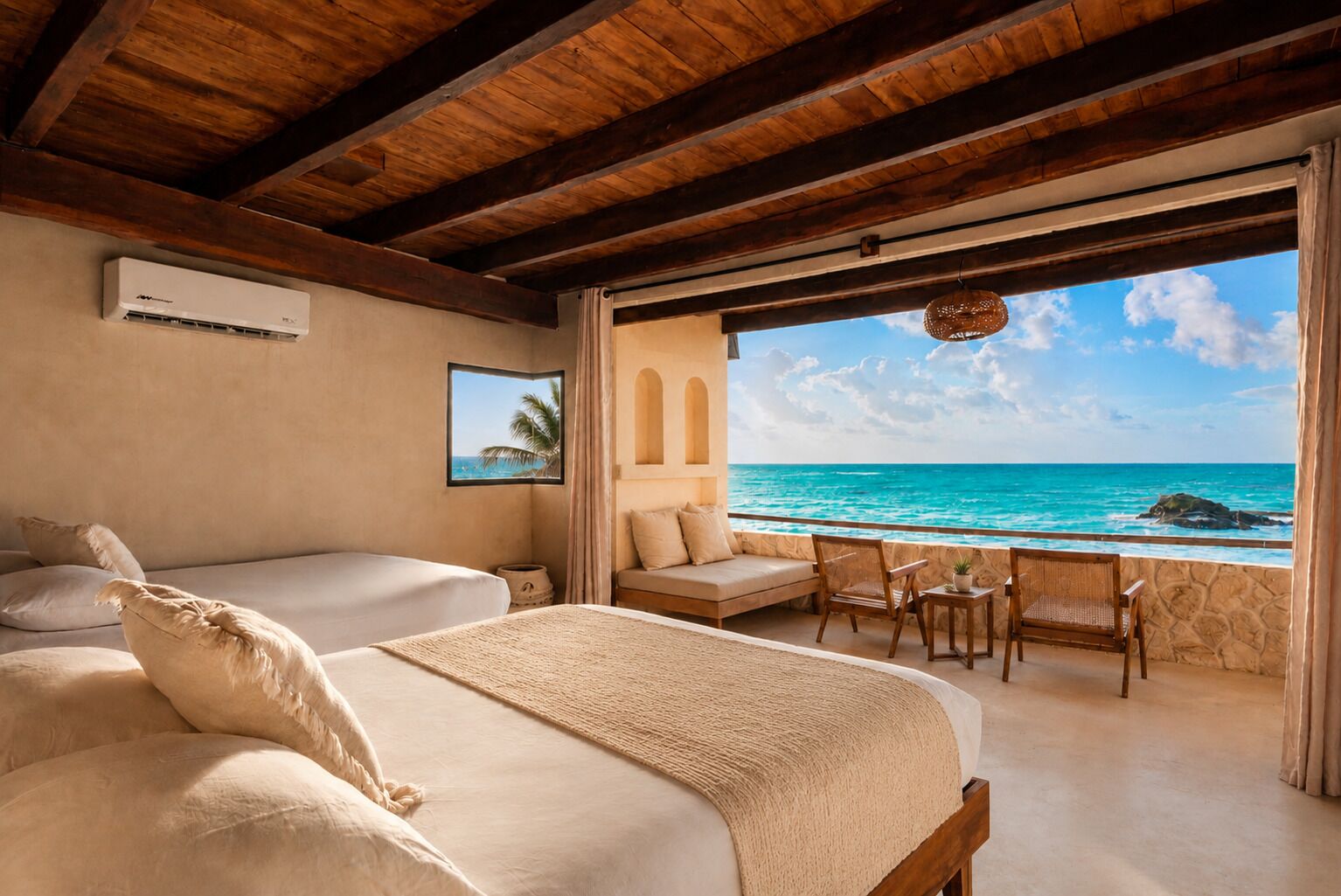 Habitación de hotel con cama, sofá, una mesita y vista al océano.