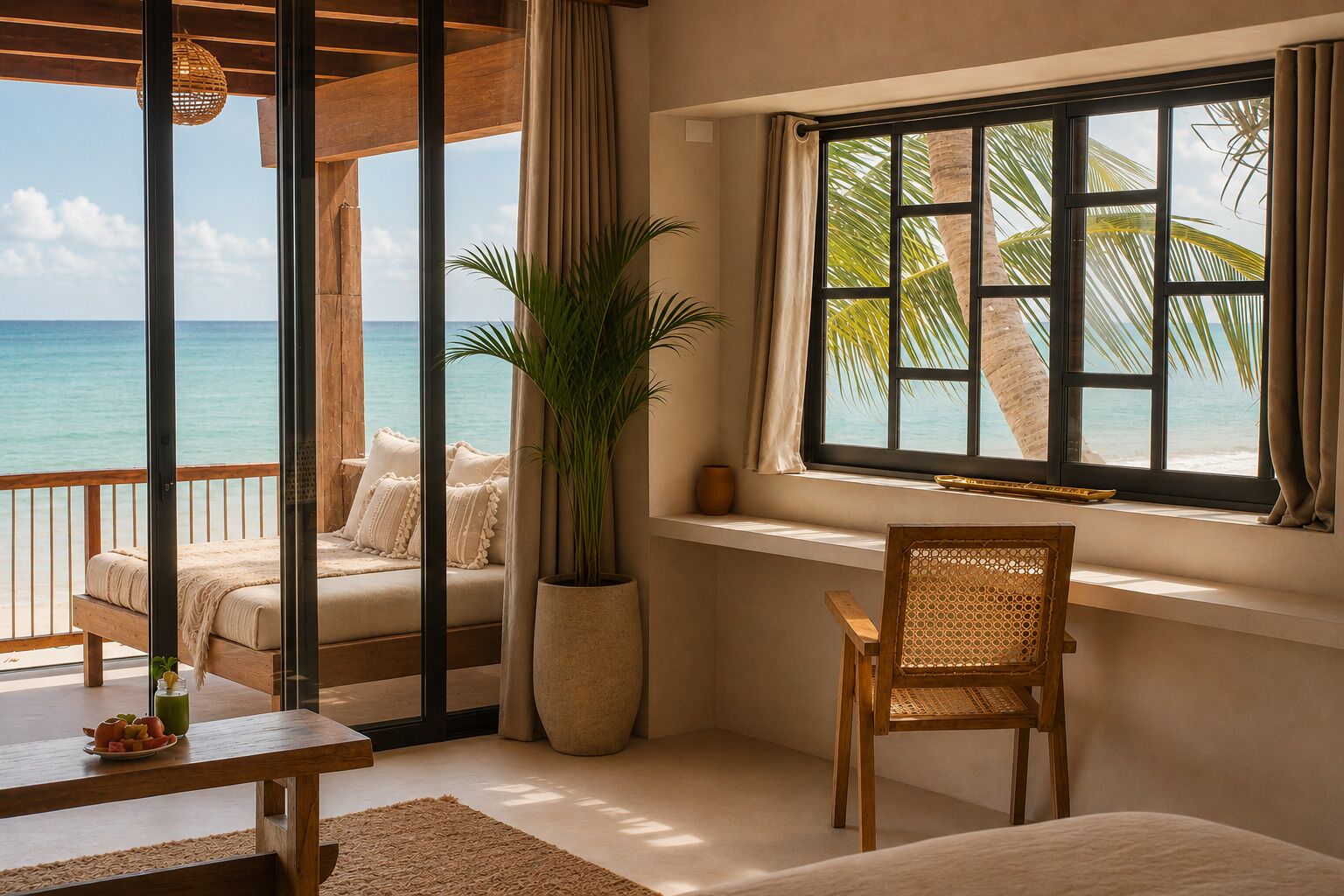 A room with a view of the ocean, a bed, a dining table with a drink, a chair, and a large potted plant.