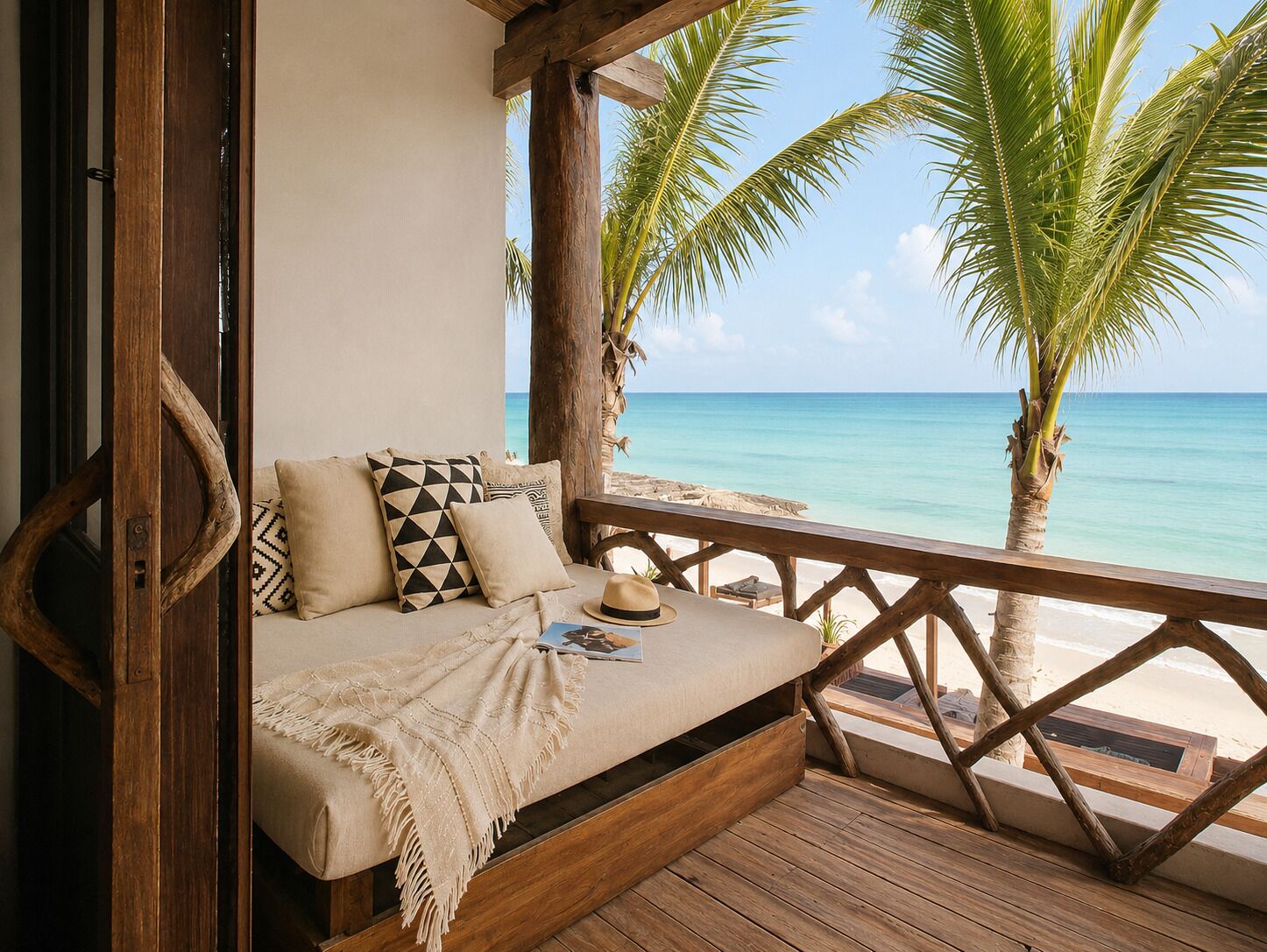 Terraza de madera con sofá cama, almohadas y un sombrero, con vistas a una playa con palmeras y agua azul cristalina.