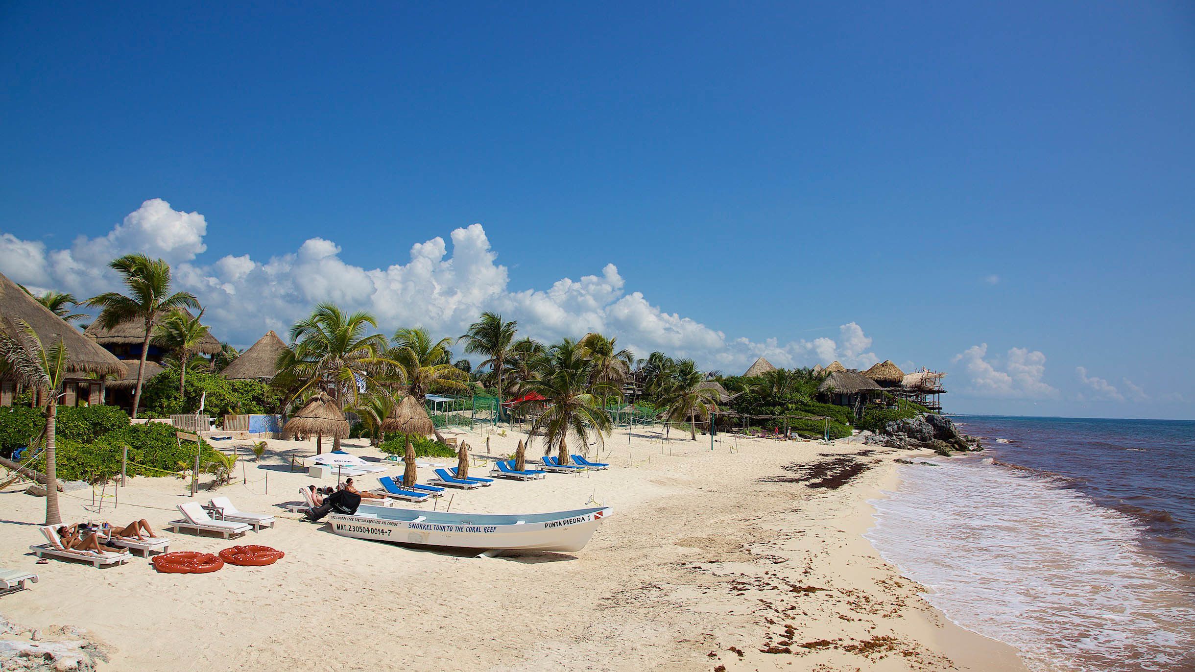 A beach with thatched-roof huts, palm trees, and lounge chairs.