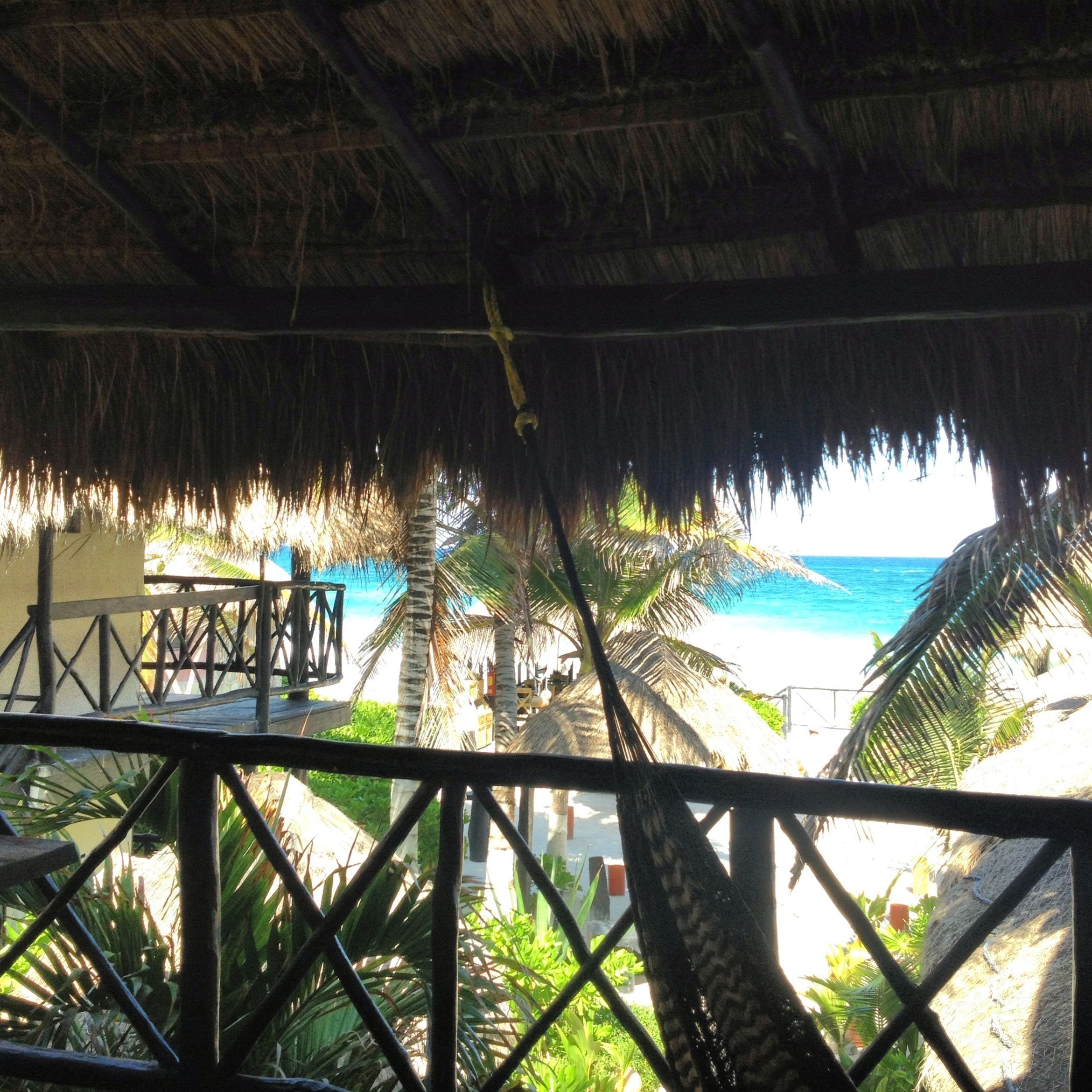 Uitzicht op een strand vanaf een overdekt terras met rieten dak, palmbomen en een houten terras.