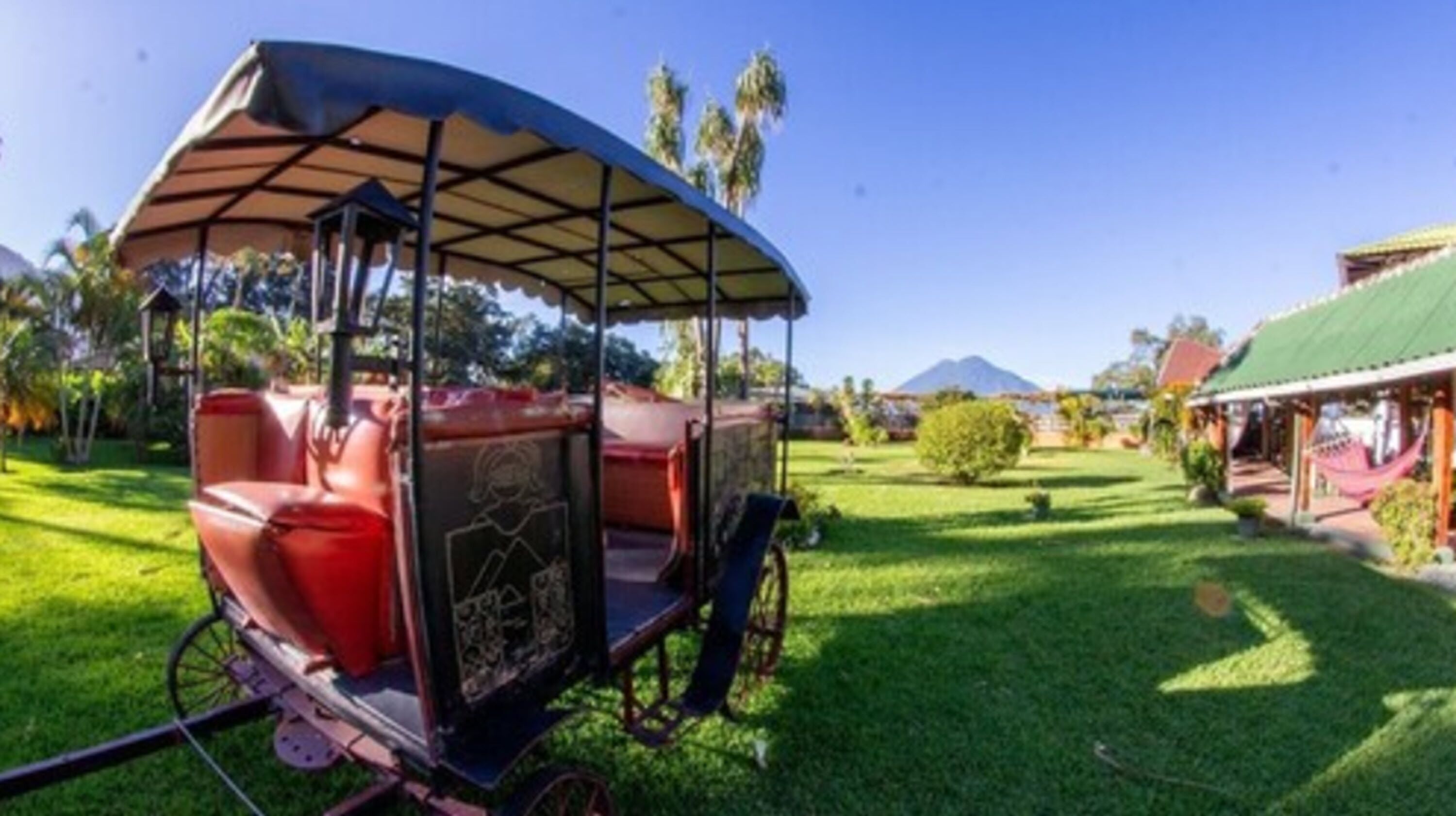 A covered carriage parked on a grassy area with a mountain in the background.