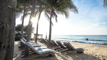 A beach with sun loungers, palm trees, and a clear view of the ocean.