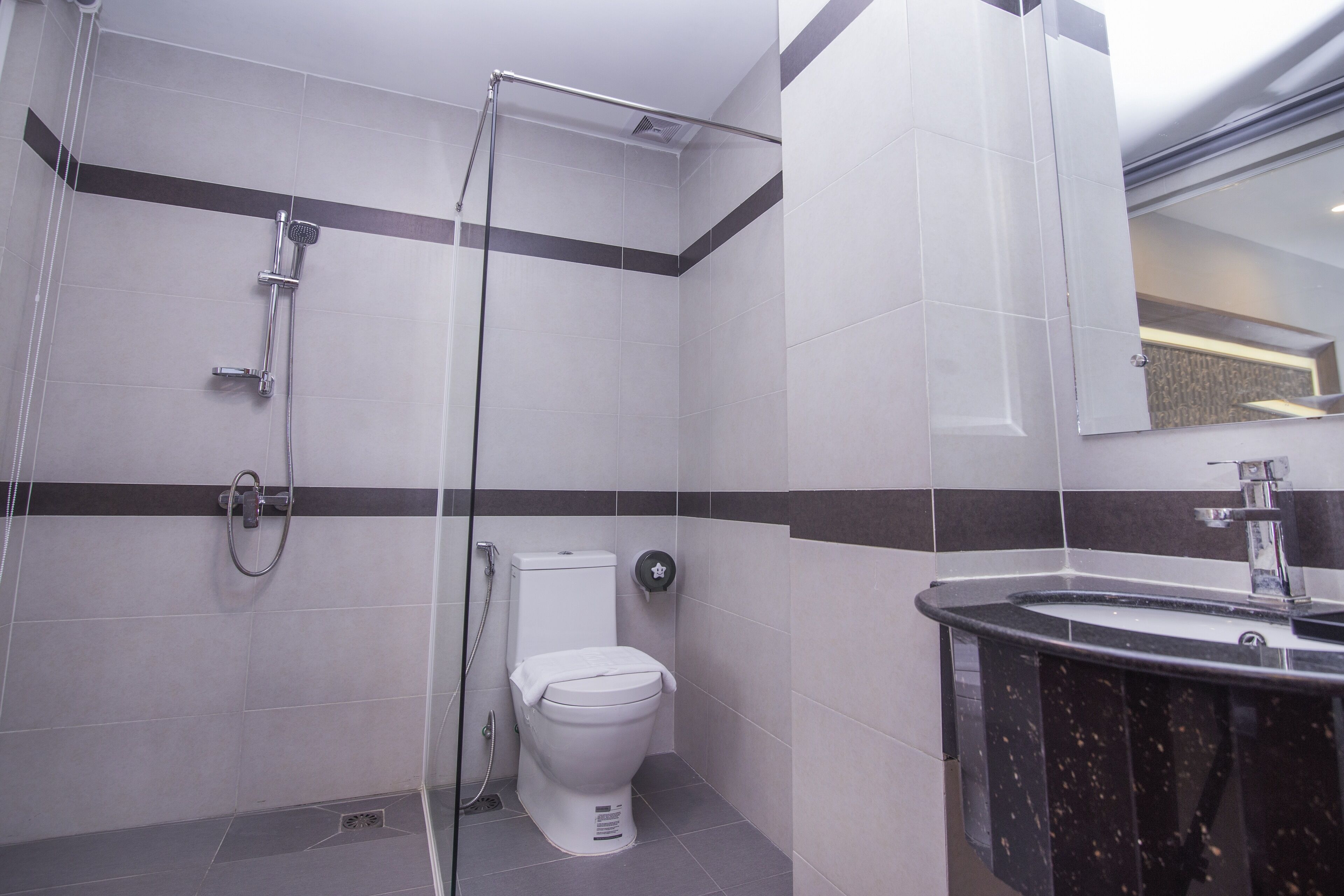 Une salle de bain moderne équipée d’une douche, de toilettes et d’un lavabo.