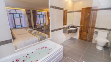 Bañera con ducha, artículos de tocador gratuitos, secador de pelo, batas