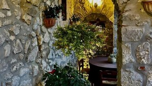 A stone archway leading to a dining area with rustic decor, including potted plants and wooden furniture. - Hotel Villa Torre Antica (Atena Lucana)