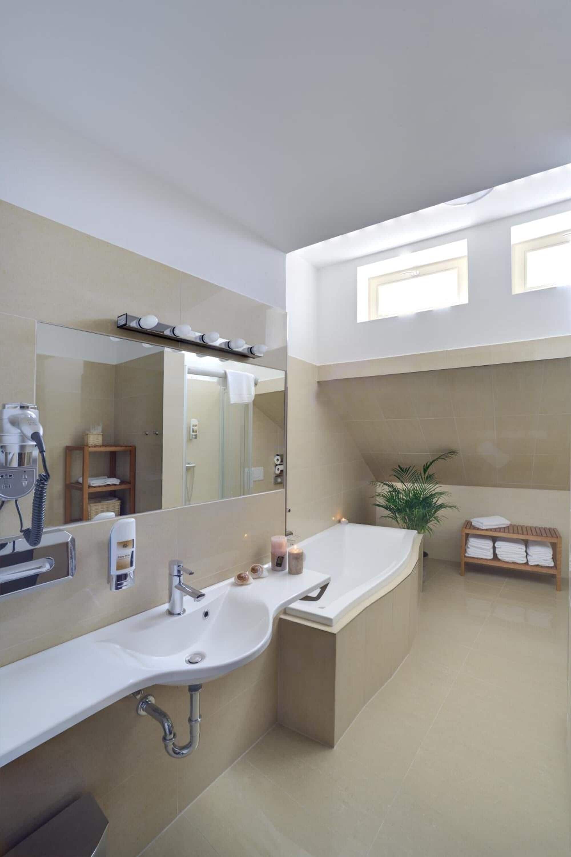 free toiletries, hair dryer, towels