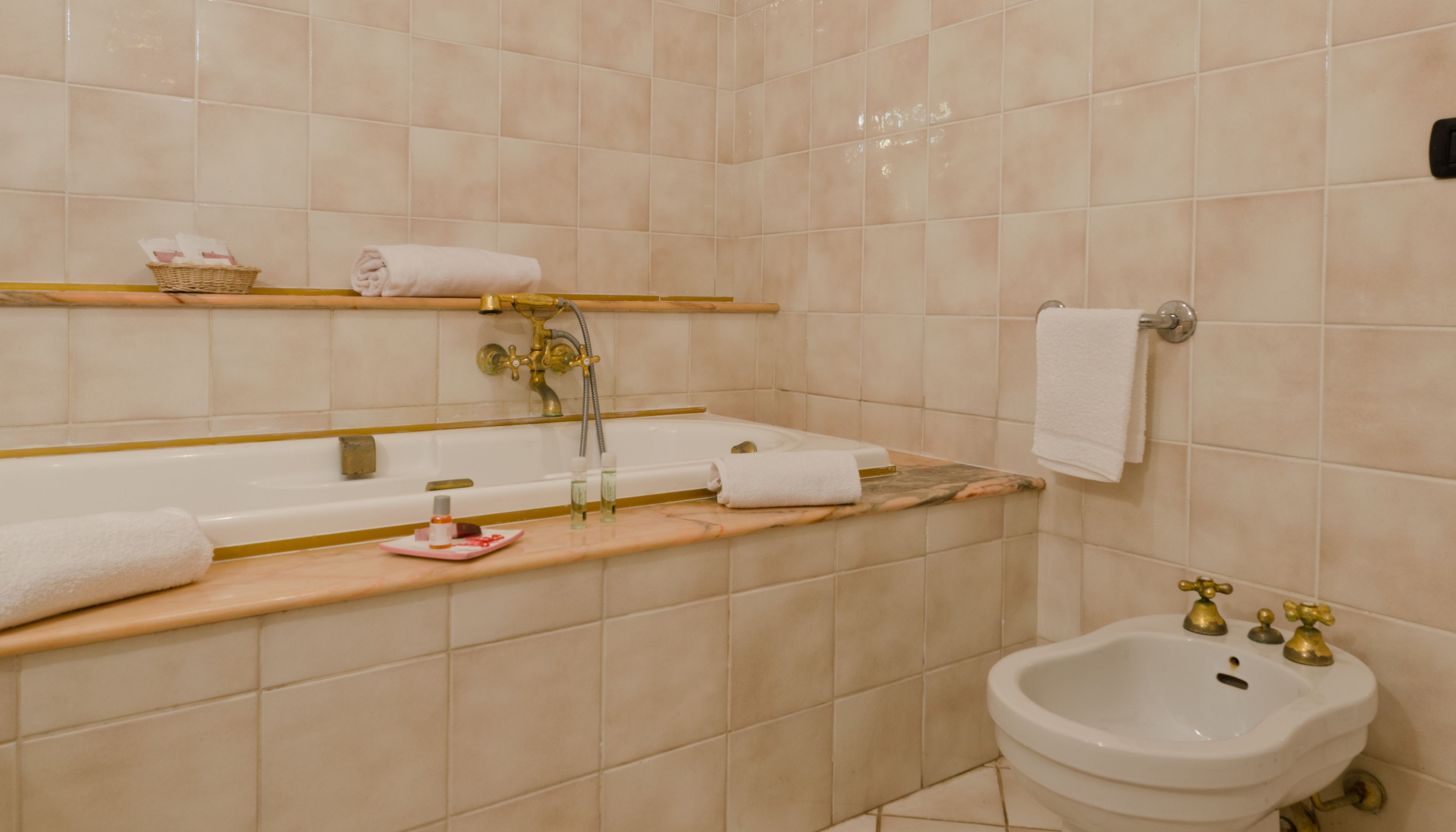 A bathroom with a bathtub, a sink, and a bidet. There are towels and toiletries on the counter.