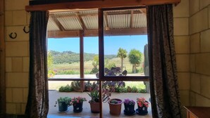 Une pièce dotée d’une grande fenêtre, de rideaux et de plantes en pot disposées sur le rebord de la fenêtre.