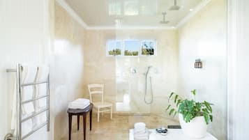 A modern bathroom with a glass shower enclosure, a chair, a table with toiletries, and a potted plant.