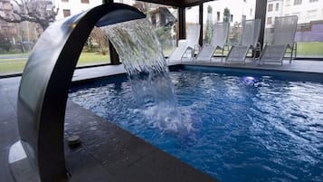 Indoor pool, outdoor pool, pool loungers