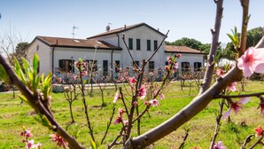 Un edificio de dos pisos con fachada blanca y techo de tejas rojas.