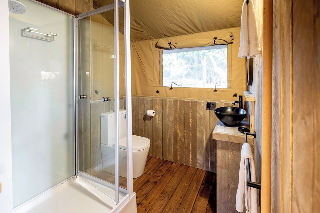 Un baño pequeño con ducha de vidrio, inodoro y lavabo.