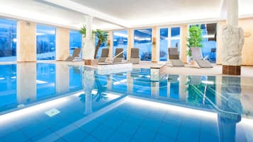 Indoor pool, seasonal outdoor pool, pool loungers