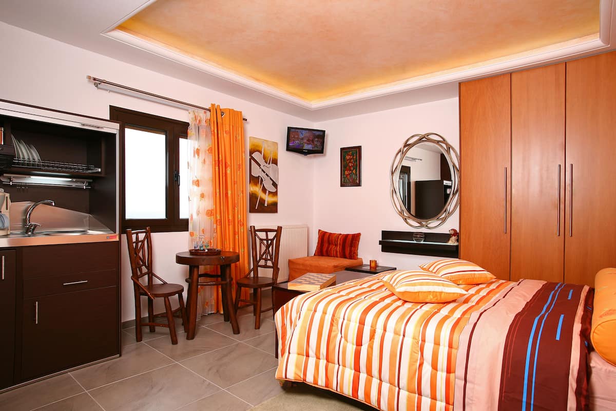 A bedroom with a bed, a desk, a chair, a mirror, and a television.