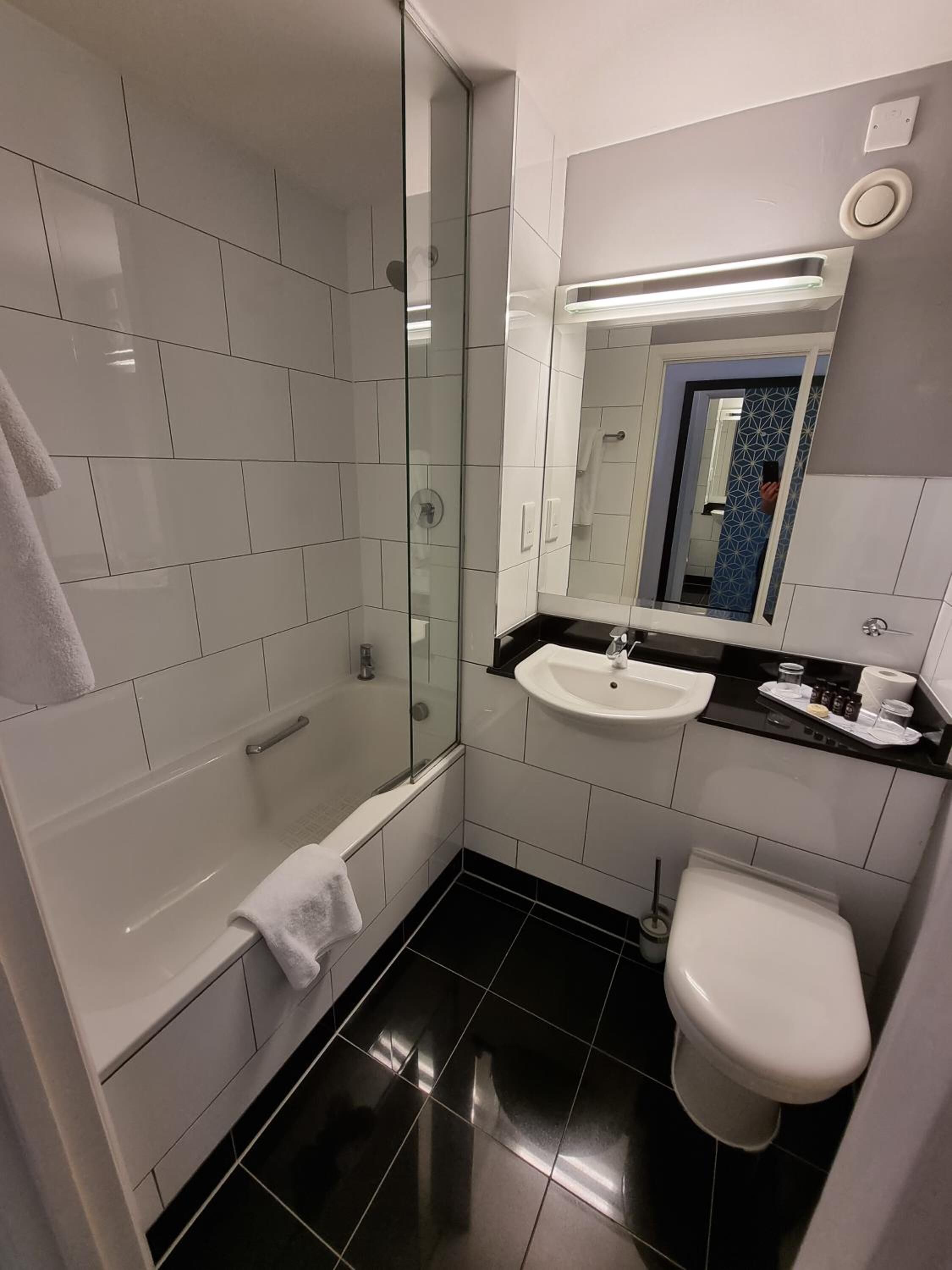 hair dryer, towels, soap, shampoo