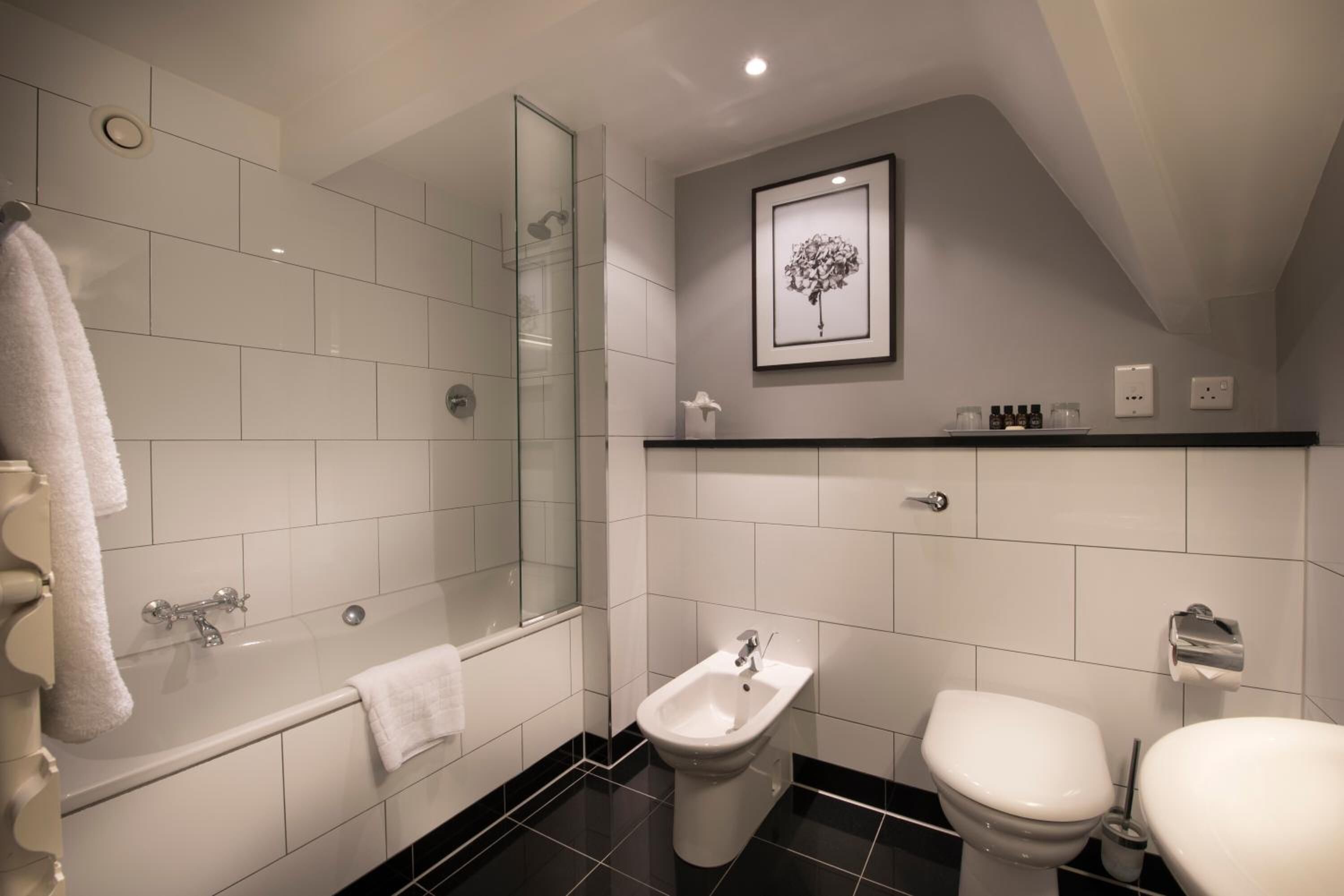 hair dryer, towels, soap, shampoo