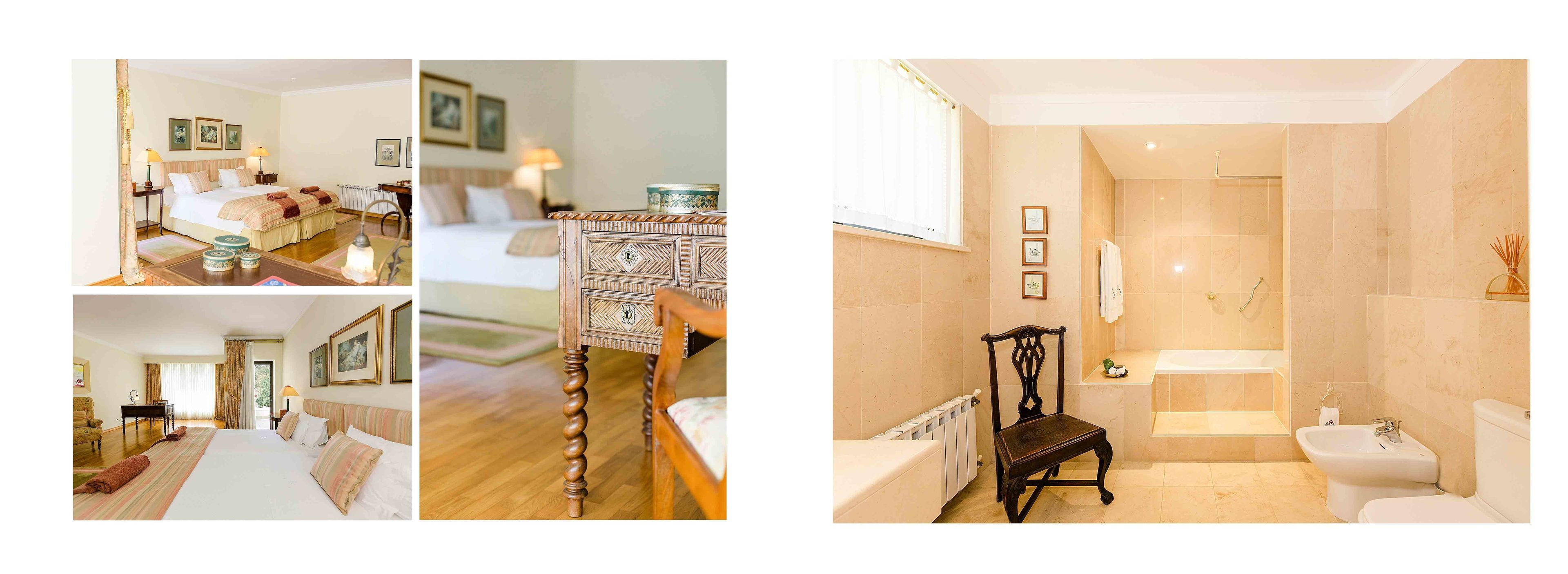 A hotel room with a bed, bedside tables, a chair, a desk, and a bathroom with a bathtub and toilet.