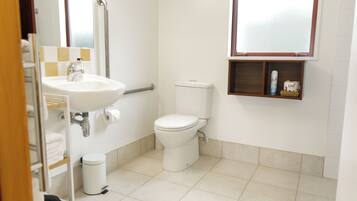 A bathroom with a sink, toilet, and a small shelf with toiletries.
