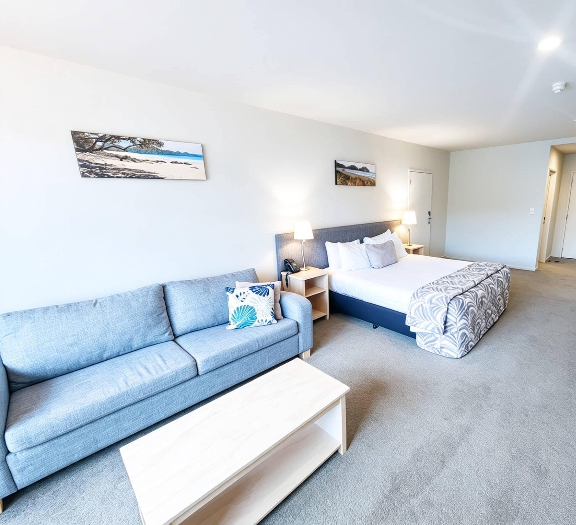 A hotel room with a sofa, a bed, a bedside table, and a lamp.
