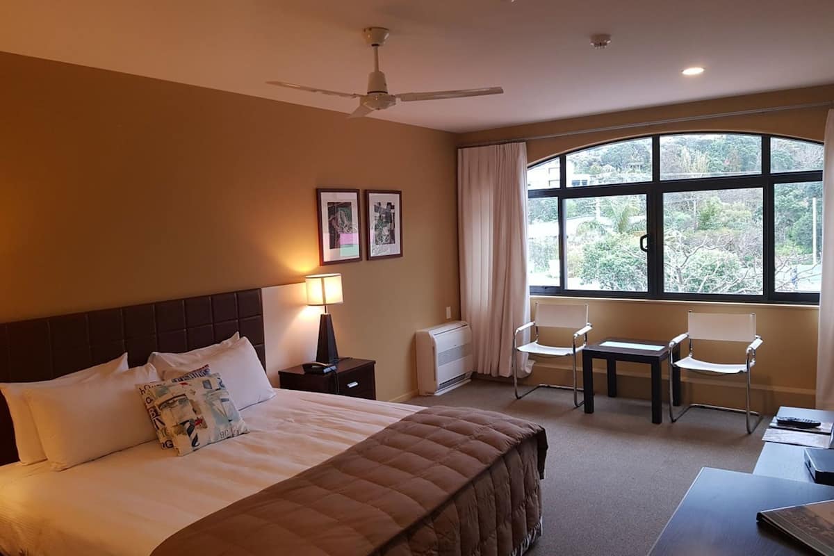 Habitación de hotel con cama, escritorio, dos sillas, ventilador de techo y ventana con vista a árboles.