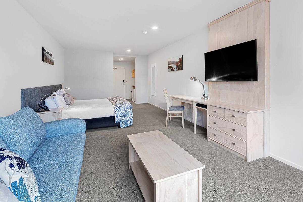 Un dormitorio con cama, escritorio, silla, televisor y sofá.