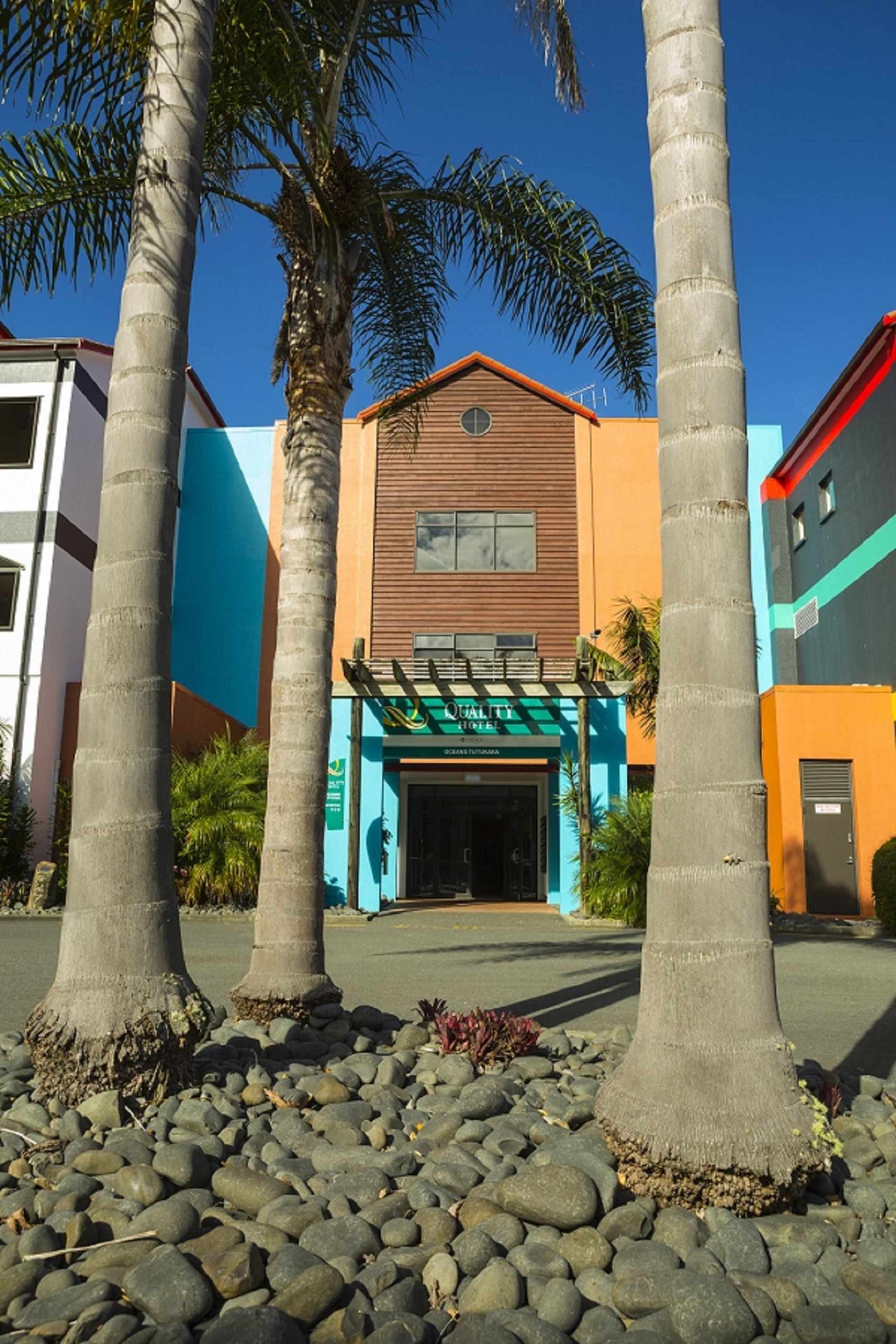 A hotel with a modern facade, a covered entrance, and palm trees in the foreground.