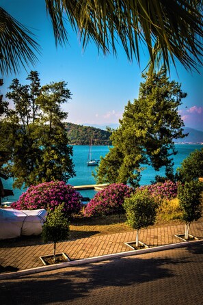 A coastal view with a sailboat, trees, and a paved walkway. - Levent Hotel (Fethiye)