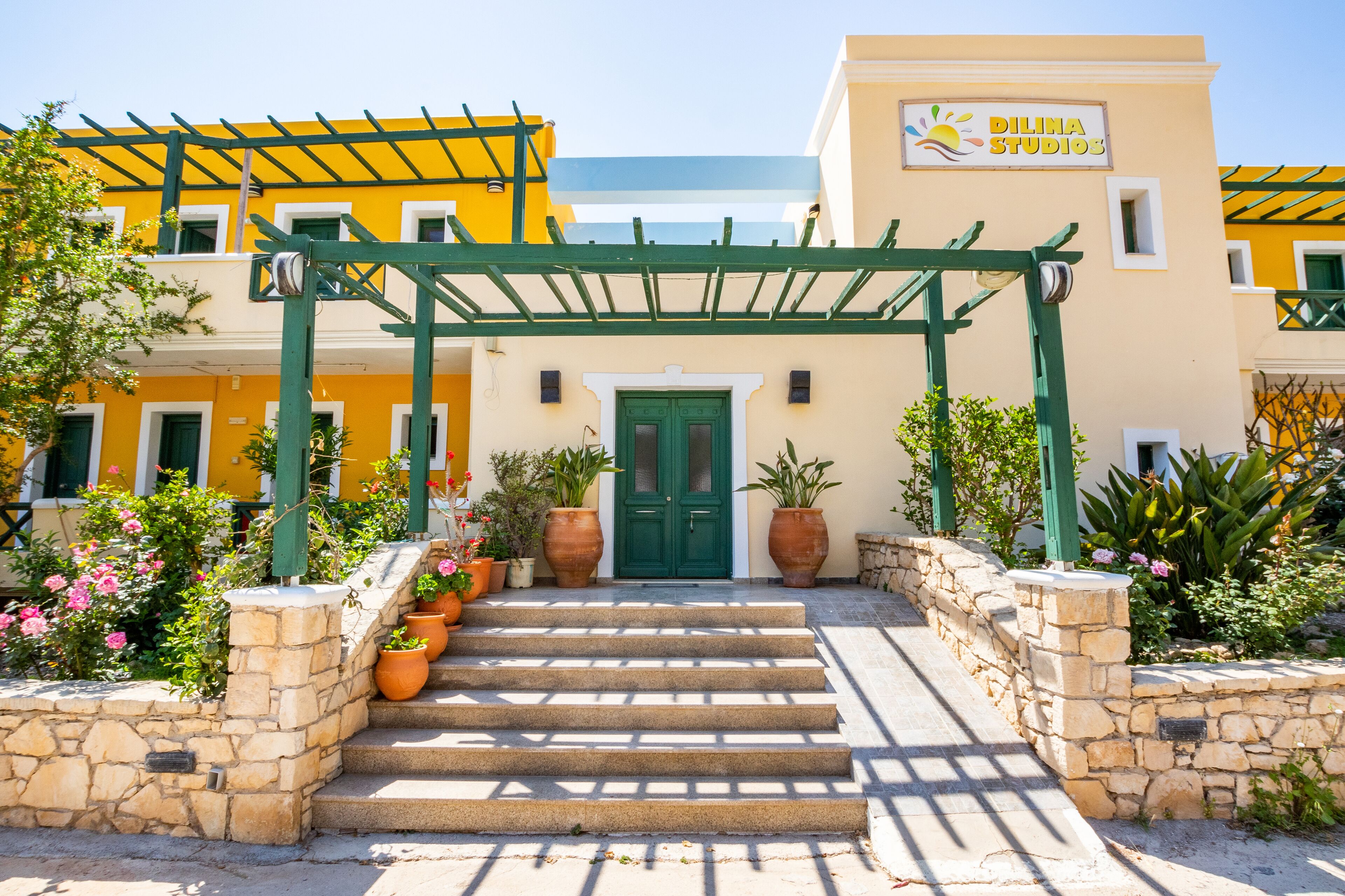 A building with a green door, a sign reading "DILINA STUDIOS," and steps leading up to the entrance.